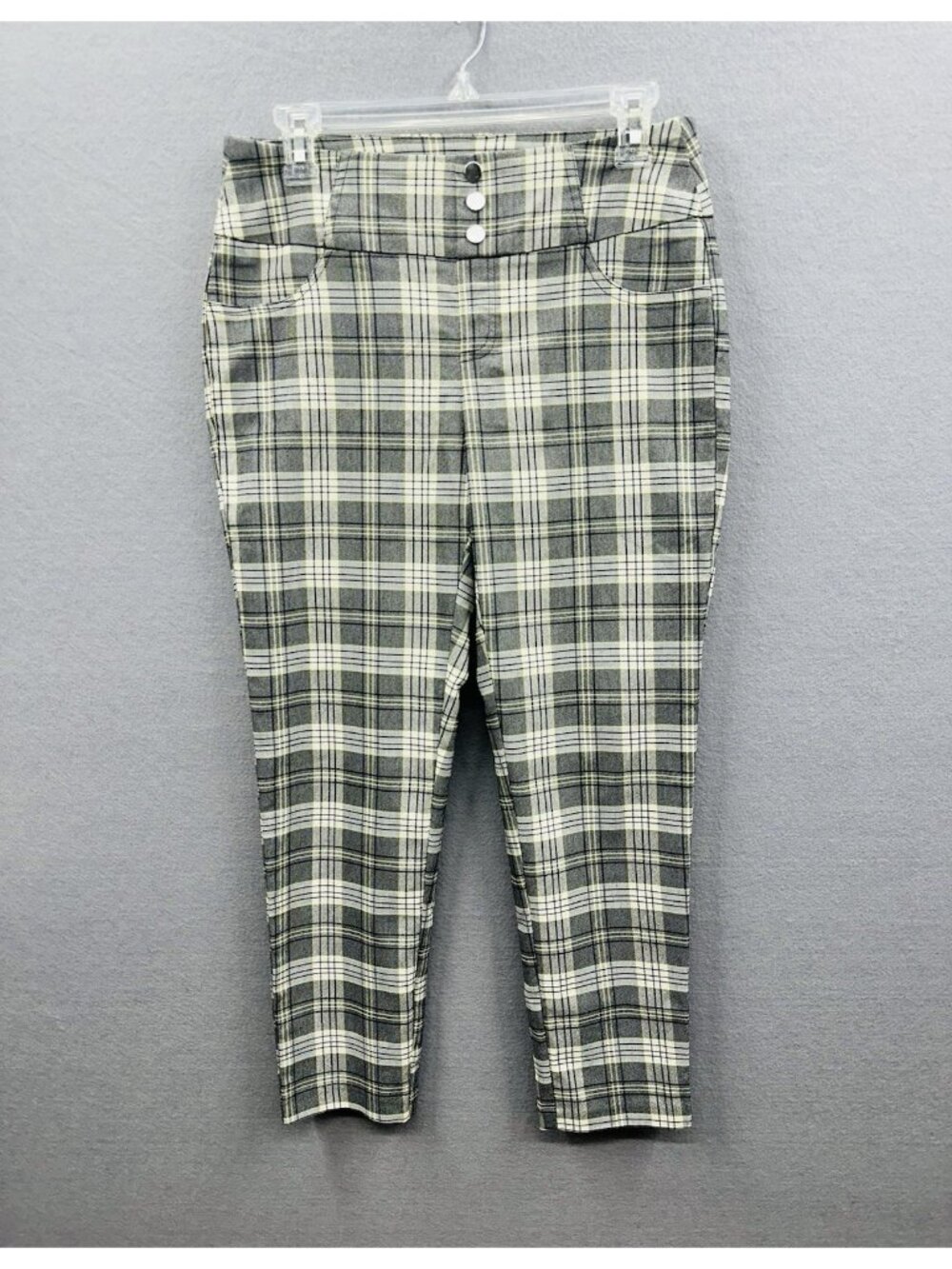 Cato Pants Womens 8P Plaid Pull On Elastic Waist Grey White Black Slim Stretch